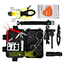 Amazon hot 14pcs portable camping gear and accessories knife led light, slingshot bracelet compass for hiking